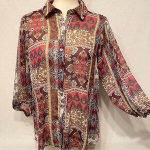 HAVER London Boho Patchwork Print Button Down Sheer Blouse M Medium